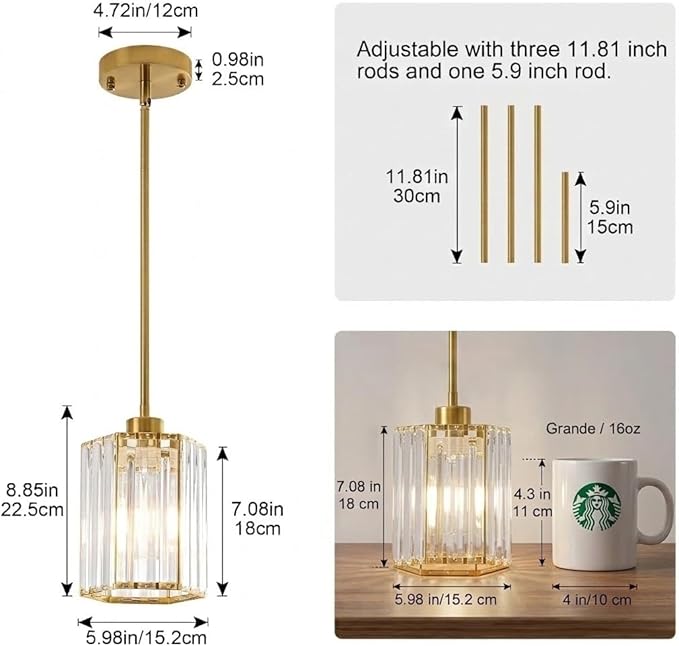 3 Pack Crystal Pendant Lights Kitchen Island, Modern Brushed Gold Kitchen Pendant Lights Over Island, Hexagonal Crystal Hanging Lights for Island, Dining Room, Hallway, Foyer, Entryways