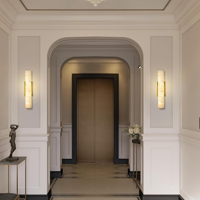 20" Brass Alabaster Wall Sconce , Tube Marble Vanity Light for Bathroom | Spanish Natural Alabaster, Gold, 3000K Warm White Light, Stone, Hardwired, Dimmable, for Living Room/Entryway/Bedroom, 1PC