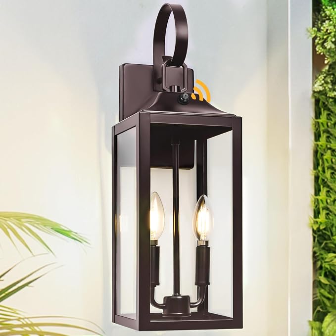 19" Oil Rubbed Bronze Dusk to Dawn Outdoor Wall Light, Modern Porch Lights | Large Exterior Wall Lantern 2-Light with Tempered Glass, Waterproof Outdoor Light Fixtures Wall Mount for House Patio, 1-Pack