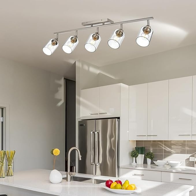 5 Light Track Lighting Kit Brushed Nickel Kitchen Track Lighting | Ceiling Wall Mount Rotatable Directional Spotlight with Clear Glass Shades, for Kitchen Island, Bathroom, Bedroom