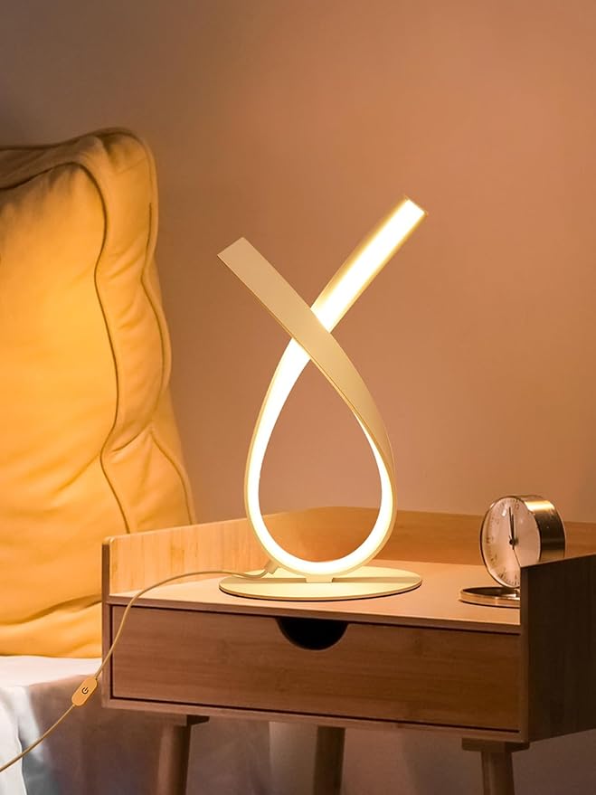 NUÜR Modern Table Lamp, Stepless Dimmable LED Spiral Lamp for Living Room, Contemporary Nightstand Lamp, White Bedside Table Lamp for Bedroom, Home, Office
