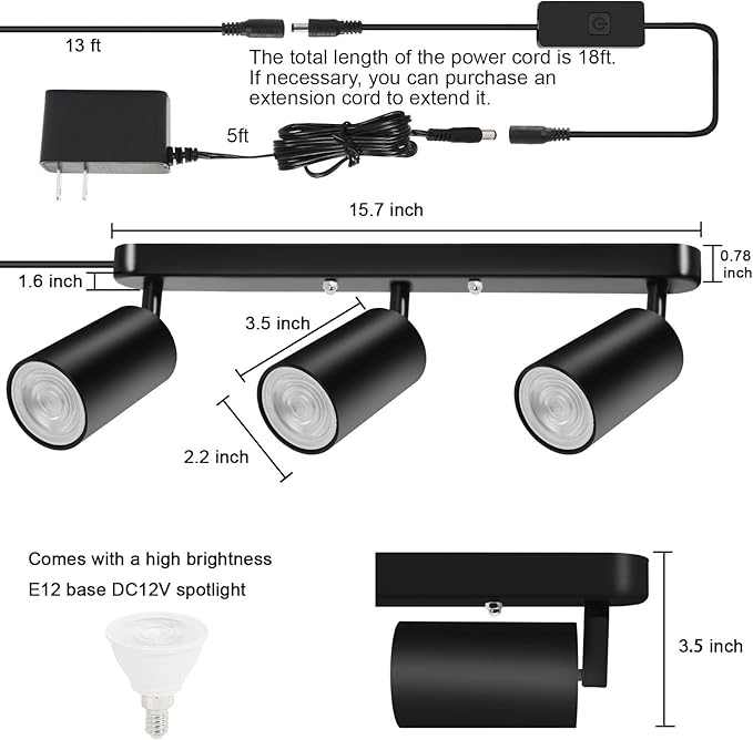 Plug in Track Lighting Track Light Fixtures with Power Cord Wall Spotlight Flexibly Rotatable Heads Plug in Ceiling Lights for Kitchen Cabinet Gallery Bar Living Room 15W 3000K(Black, 3 Heads)