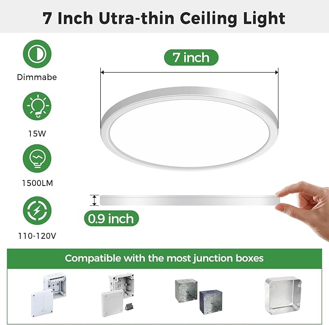 zemty 6Pack 7 inch Small White LED Flush Mount Ceiling Lights, Dimmable 5 Color Temp (3000K-6500K), 1500LM 15W Round Recessed Light Fixture for Closet Kitchen Bathroom Bedroom