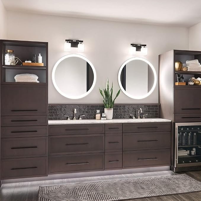 Kichler Marette 2-Light Bathroom Vanity Light, Black | Modern transitional vanity light with satin etched cased opal glass (13.5" x 7.75" x 13.5"), 55001BK