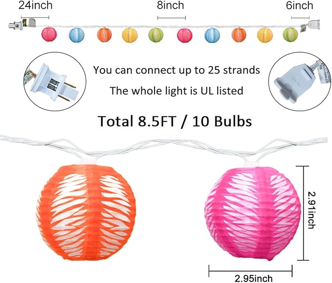 8.5Ft Multicolor Lantern String Lights, Summer Printed String Lights with 10 Colorful Light Bulbs, Nylon Lantern Lights for Patio Bedroom Window Garden Porch Party Decor, White Wire