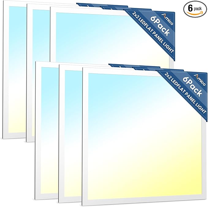 Amico 6 Pack 2x2 LED Flat Panel Light 5000LM Adjustable, 0-10V Dimmable Troffer LED Drop Ceiling Light Fixtures, 4000K/5000K/6500K Selectable for Office - Dustproof ETL Listed, FCC, DLC