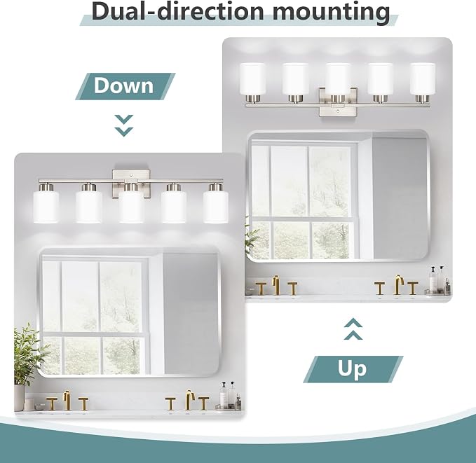 Brushed Nickel Bathroom Light Fixtures Vanity Lighting Over Mirror | 5-Light Modern Wall Sconces with Milky White Frosted Glass Shades for Restroom (E26 Socket)