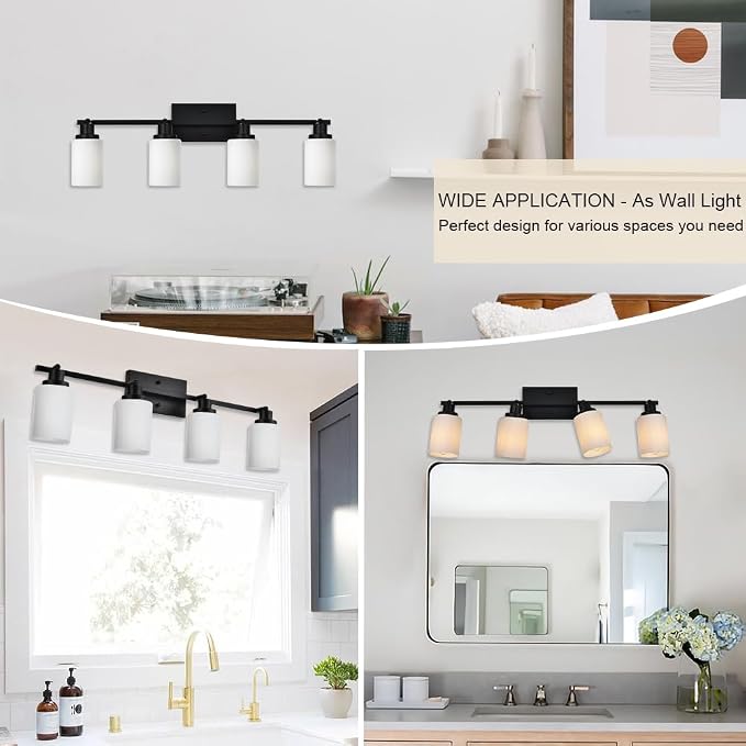 Adjustable Ceiling Spotlight in Black, 4-Lights Kitchen Island Light Fixtures Ceiling Wall Mount, Track Lighting Kit with Opal White Glass Hallway Dining Room
