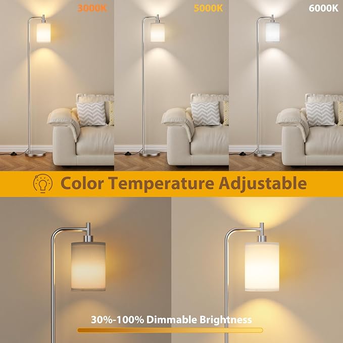 Ziisee 64" Floor Lamp for Living Room with Remote Control, White Shade with Brushed Nickel Pole, Dimmable Tall Lamps for Bedroom Office Corner, 9W LED Bulb Included