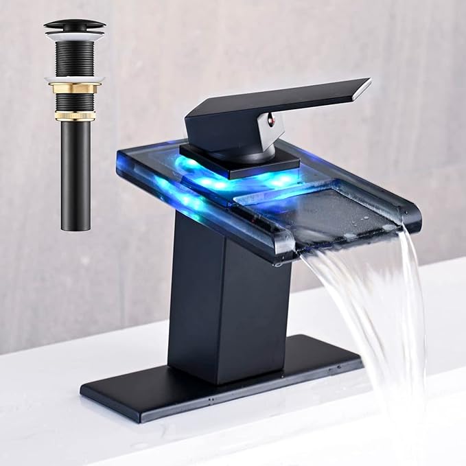 LED Bathroom Sink Faucet, Matte Black Waterfall Single Hole Handle Vanity Faucets for Sinks 1 Hole with Metal Pop Up Drain and 2 Water Supply Lines, Open Glass Spout