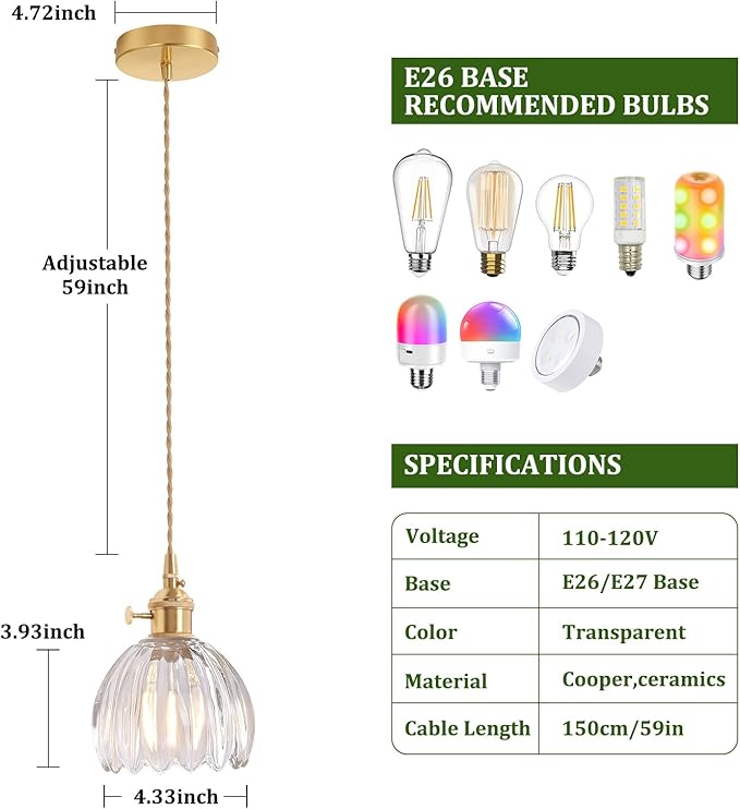 Pendant Light 2 Pack with Clear Tulip Glass Lmapshade, Brass Vintage Pendant Light Adjustable Hanging Light for Kitchen Island Dining Room Hallway
