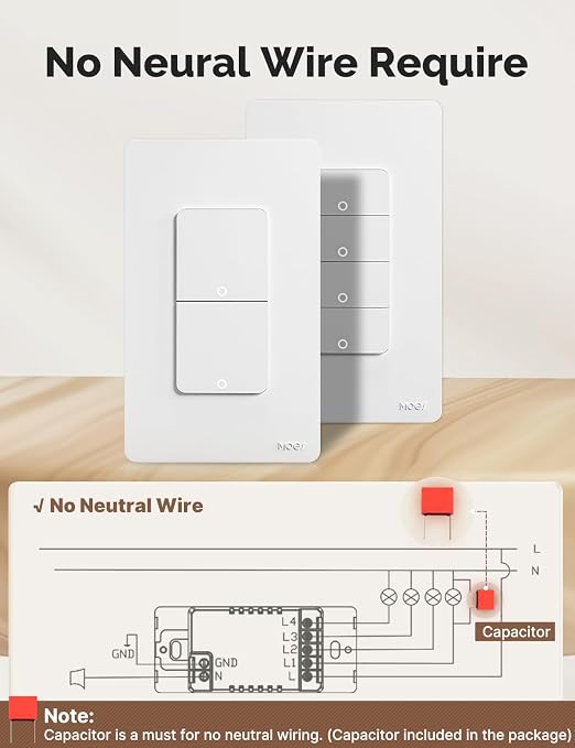 MOES WiFi Smart Light Switches, No Neutral Needed, Require Capacitors | 2.4GHz Single Pole Switch, Compatible with Alexa Google Assistant