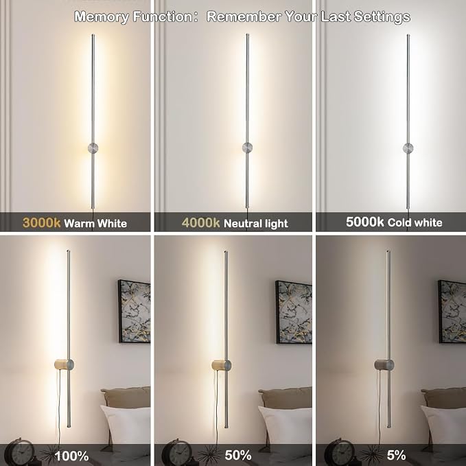 Brush Nickel Plug in wall Sconces Set of Two, Modern LED Wall Lamp with Remote Control, 3 CCT 3000K-5000K Dimmable, Plug in Wall Light with Timer, 39.4 Inches Wall Sconces with Memory Function