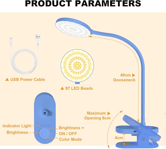 Rechargeable Desk Lamp with Clamp, 97 LED Eye-Care Table Light for Kids Bedroom with 3 Color & 10 Brightness, Cordless Clip on Lamp for Bed Book Reading Crafting Drawing Gaming Puzzle (Blue/4.7'') | 10 Brightness Levels, Clamp Lamp with USB-C, 15.8'' F...