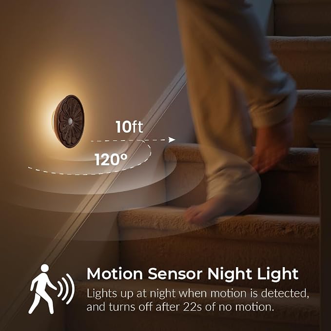 Wood Flower Night Light, Rechargeable Motion Sensor Light | 3D Flower Surface, USB-C Rechargeable, Backlit Warm Light, Magnetic Light for Stair, Home Decor Lighting, Black Walnut