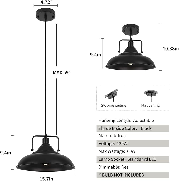 Black Pendant Light, Large Pendant Light 15.7" 3 Packs, Farmhouse Pendant Light, Modern Pendant Lights, Kitchen Pendant Lights, Pendant Lights Kitchen Island for Kitchen, Living Room, Bedroom