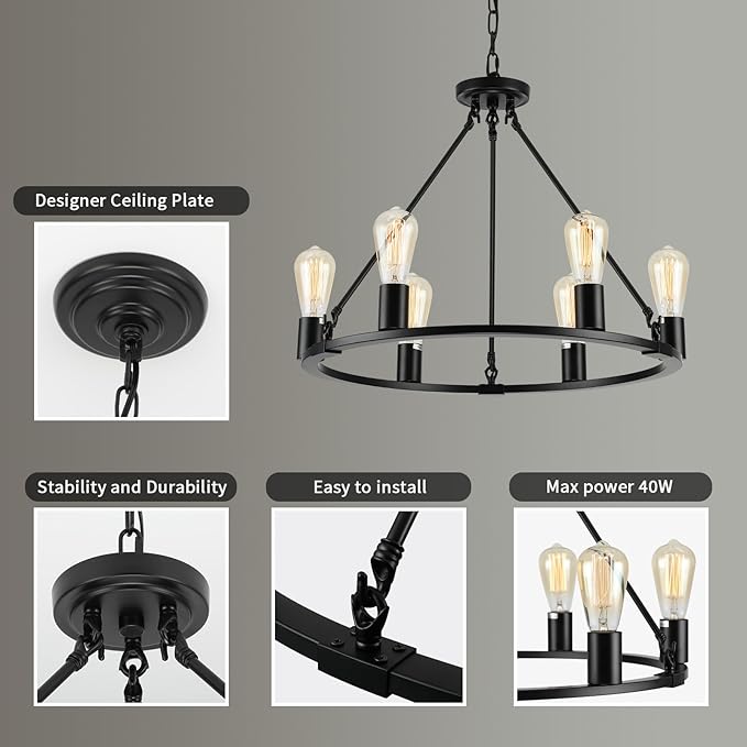 Black Chandelier, 6-Light Dining Room Light Fixture, Round Farmhouse Wagon Wheel Chandeliers for Dining Room Living Room Entryway Kitchen Island Dia 24"