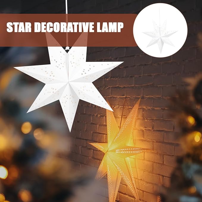VICASKY Paper Star Lantern - Anti-Tear Reinforced Lamp Shade for Christmas Decoration: Seven-Pointed Hanging Light for Wedding Party - 17.7in White