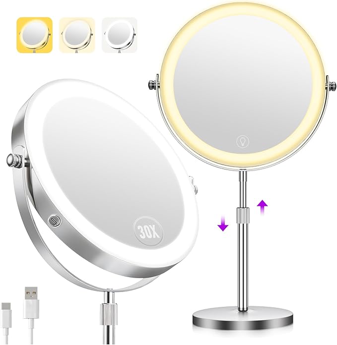 1X/30X Makeup Mirror with Lights, Brightness Adjustable with 3 Colors, Double Sided Magnifying Mirror with 360° Rotation, Lighted Makeup Mirror with Magnification, Ideal Gift for Women