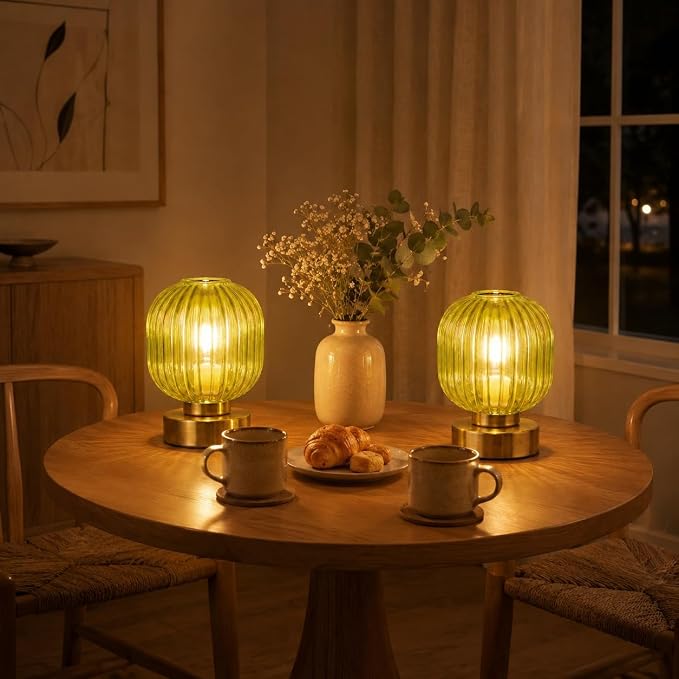 Elenhome Green Touch Glass Table Lamp Set of 2, 3-Way Dimmable Bedside Lamps, Vintage Mid-Century Modern Nightstand Lamps for Bedroom and Living Room, Ambient Mood Lighting, LED Bulb Included