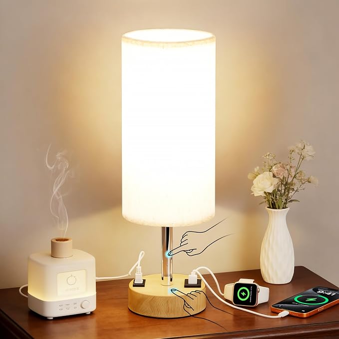 MOICO Table Lamp for Bedroom, Touch Nightstand Lamp with 10W USB Charging | 3-Way Dimmable Touch, USB-A & AC Outlet, Flicker-Free LED Bulb, 14in Fabric Shade, for Bedroom Living Room Dorm Office