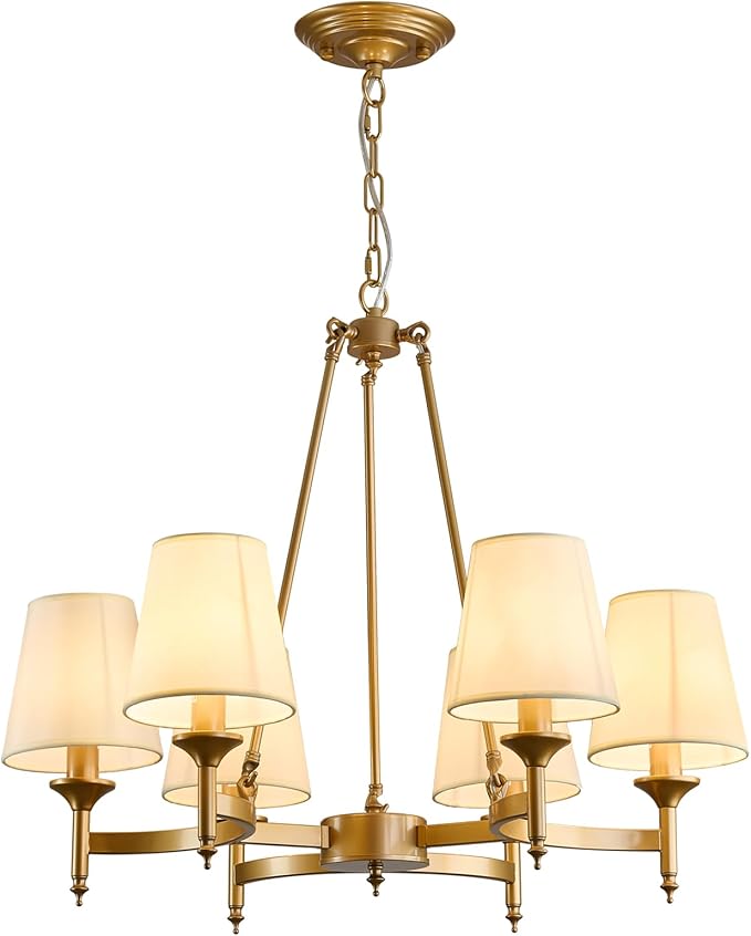 Gold Wagon Wheel Chandelier with White Linen Shade 6-Light Industrial Ceiling Light Fixture 26.8inch Large Farmhouse Hanging Pendant Light for Dining Living Room Kitchen Bedroom Entryway Foyer