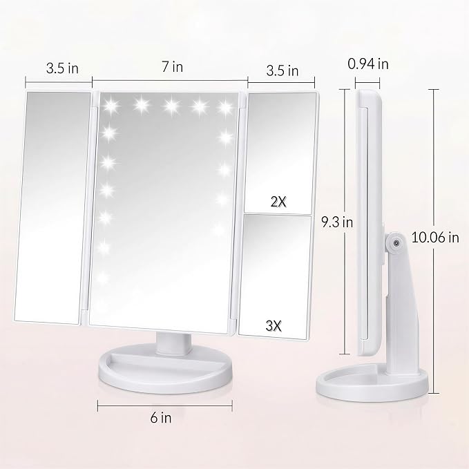 Infitrans Trifold Makeup Mirror Vanity Mirror with Lights,1X 2X 3X Magnification,Touch Control,Adjustable Rotation,Dual Power Supply,Portable Travel Cosmetic Mirror,Birthday Gifts for Women,Teengirls