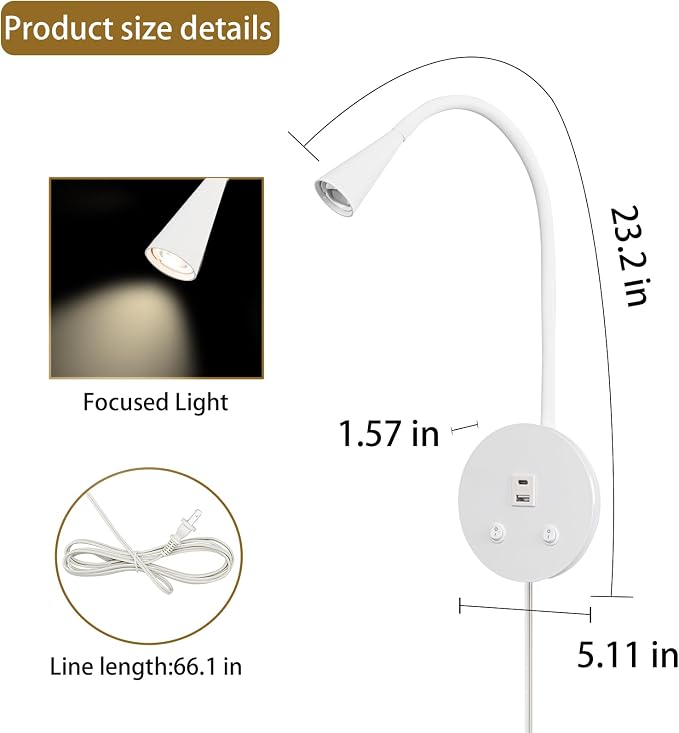 Dimmable LED Wall Reading Lamp - Adjustable Gooseneck Book Light for Bed, USB + Type C Output, 2-in-1 Night Light & Spotlight, Compact Focused Lamp (White)