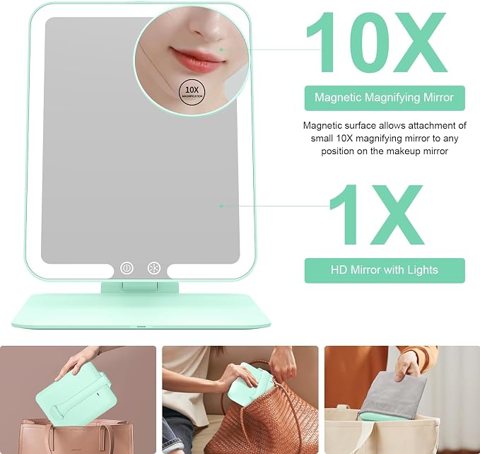 Gospire Travel Makeup Mirror with 3 Lights and Magnification 10X, Green | Compact foldable tabletop cosmetic with smart auto sensor, Adjustable Stand, Dimmable, 2000mAh Rechargeable LED Vanity Mirror