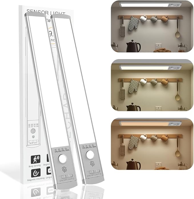 2 Pack Motion Sensor Under Cabinet Lights, 66 LED Rechargeable Closet Light with 3 Color Temps & Stepless Dimming, 2200mAh High Capacity Wireless Magnetic Light for Kitchen, Pantry, Wardrobe