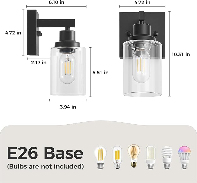 Set of 2 Wall Sconces for Bathroom, Black Bathroom Vanity Light,Modern Wall Sconces Indoor with Clear Glass,Farmhouse Wall Lamp for Bedroom Living Room Mirror Hallway