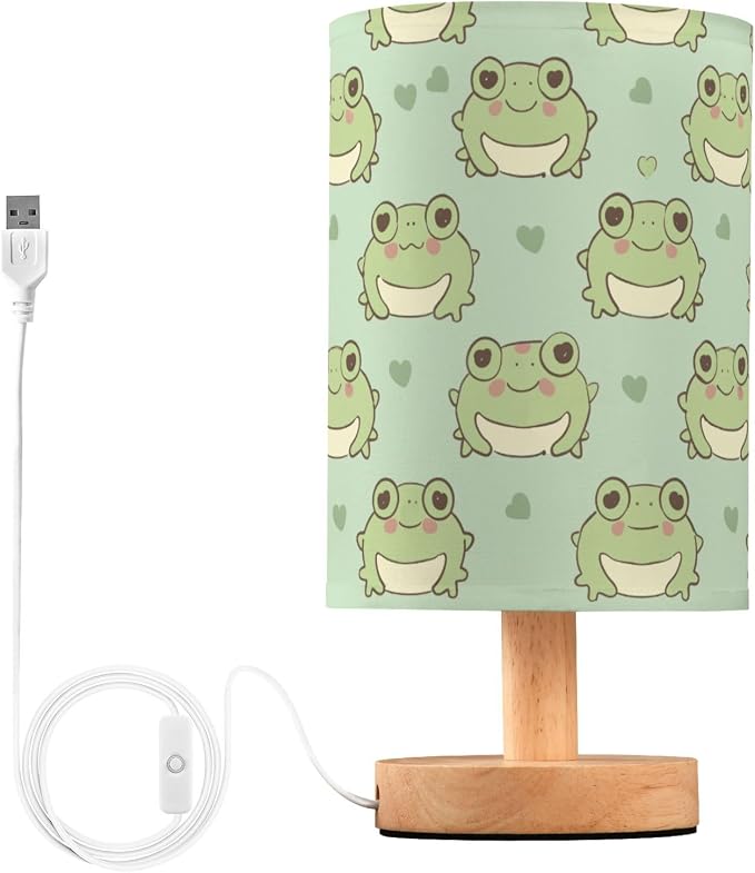 Fustylead Kawaii Cute Frog Light Green Table Lamp for Bedroom USB Port Lamps Small Accent Table Lamp Nightstand Lamp Sturdy Linen Shade Wooden Base Decorative Lamps for Bedside Reading|Kids|Dorm|Home