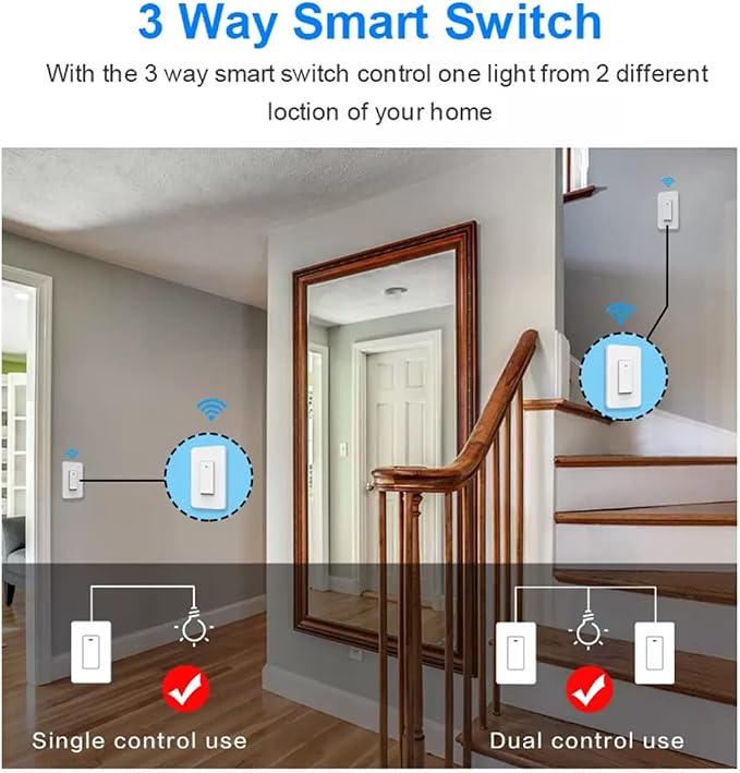 Nexete 3-Way Smart Switch, Compatible with Alexa & Google Home,Smart Life App, Voice Control, Schedule 2.4 GHz Wi-Fi, Neutral Wire Required (3-Way Switch)
