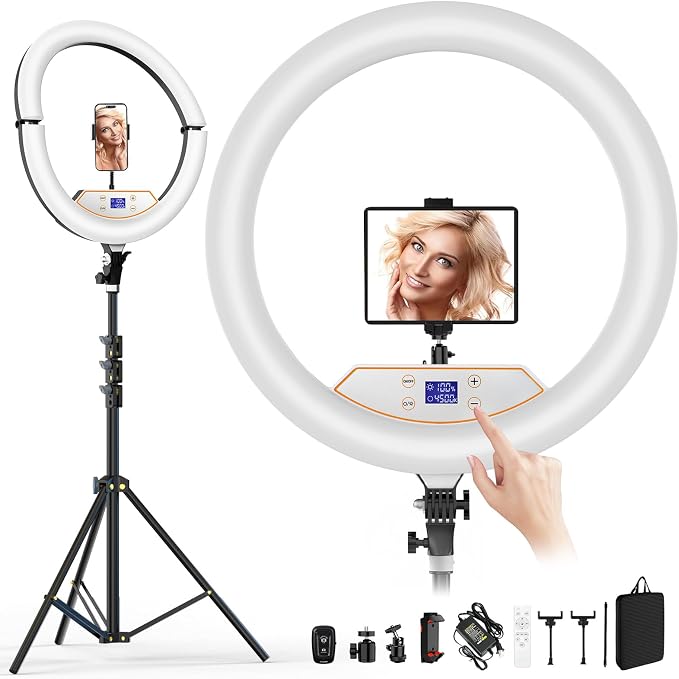 18" Ring Light with Stand: Touch Screen LED Display & 60" Tall Tripod, | 3 Color modes 6500K / 2 USB Ports Foldable LED Big Ring Light Tripod for Live Stream,YouTube,TikTok Video Shooting
