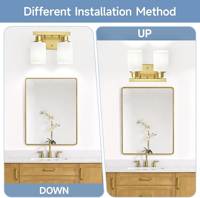 2 Light Gold Bathroom Light Fixtures,Brushed Gold Vanity Light with Clear Glass,Gold Bathroom Vanity Lights Over Mirror,Wall Sconces for Living Room,Bedroom,Hallway(E26 Base)