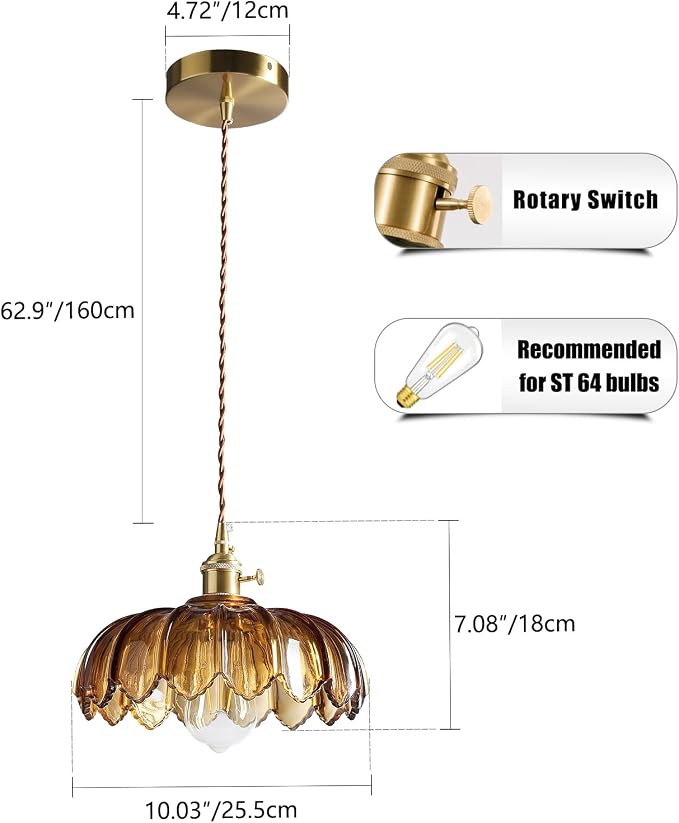 XZHGCEE Pendant Lights Kitchen Island: Amber Glass Hanging Light Fixture with Rotating Switch, E26 Base - Modern Lighting for Dining Room, Bedroom & Living Room
