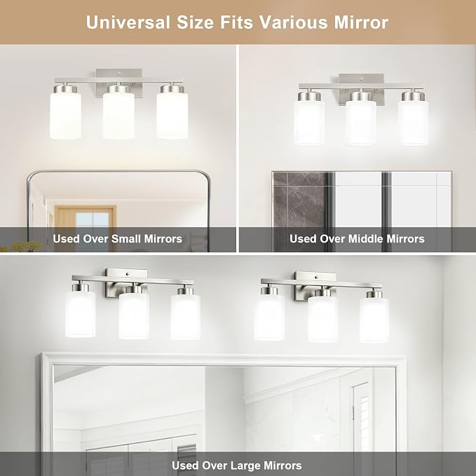IZORRO Modern Bathroom Light Fixtures, 3 Light Brushed Nickel Vanity Lights, Bathroom Lighting Fixtures Over Mirror with White Glass for Living Room Cabinet Bedroom
