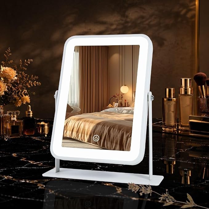 9"x11" Rechargeable Desktop Makeup Mirror with LED Lights, Adjustable Brightness Lighted Vanity Mirror, Tabletop Mirror for Bedroom, Gifts for Women with 3-Color Smart Touch Dimmable Lighting
