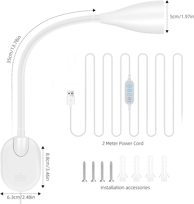 LED Wall Mounted Bedside Reading Light, 3 Color Modes,10 Brightness Dimmable, USB Charging Port, Adhesive Wall Lamp Night Light for Books in Bed, Flexible Neck Eye-Caring Bedroom Lighting White
