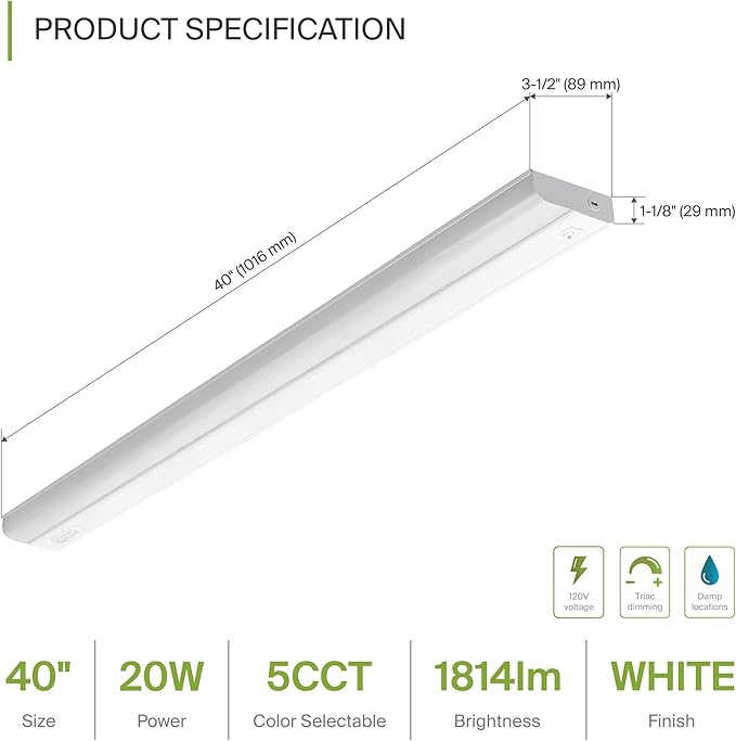ASD 6 Pack 40 Inch Hardwired LED Under Cabinet Lights, On/Off & 5CCT Switch 2700K-5000K, 20W 1814LM CRI90+, Direct Wire Low Profile Linkable Fixture, Dimmable Under Counter Kitchen Lighting, White, UL