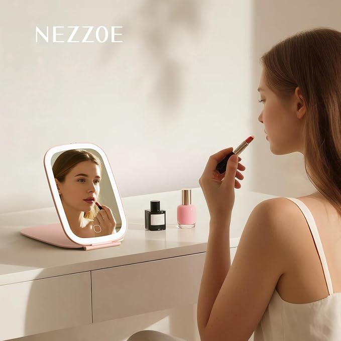NEZZOE Rechargeable Travel Makeup Mirror with LED Light, 7x5 Inch, Pink | Portable Lighted Makeup Mirror, 3 Lighting Modes, Dimmable Touch Control, Foldable Compact Vanity Mirror