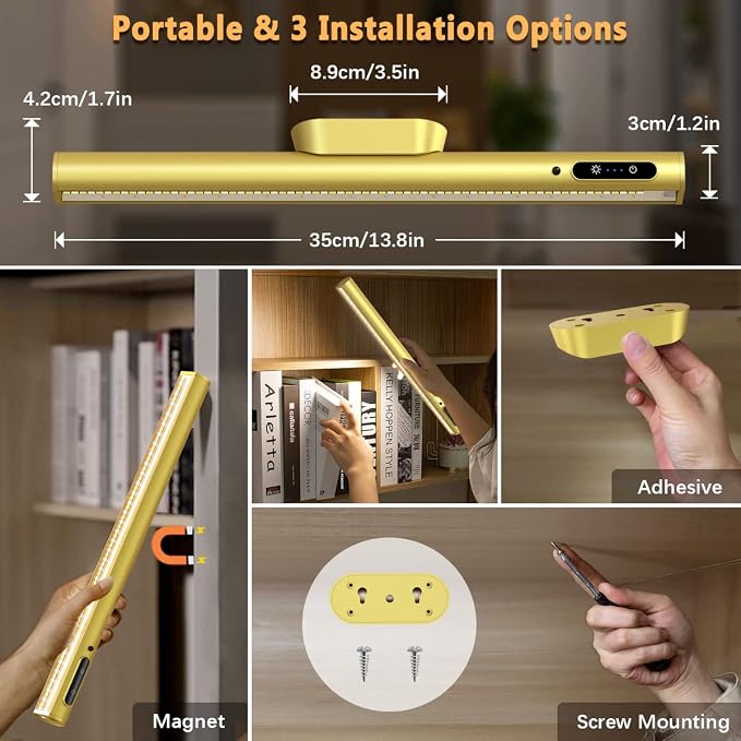 Rechargeable Magnetic LED Light Bar, 4000mAh Wireless Closet Light | Under Cabinet Lighting, Battery Powered Operated Wall Strip Light, Dimmable Lamp for Mirror Closet Picture Kitchen Gold