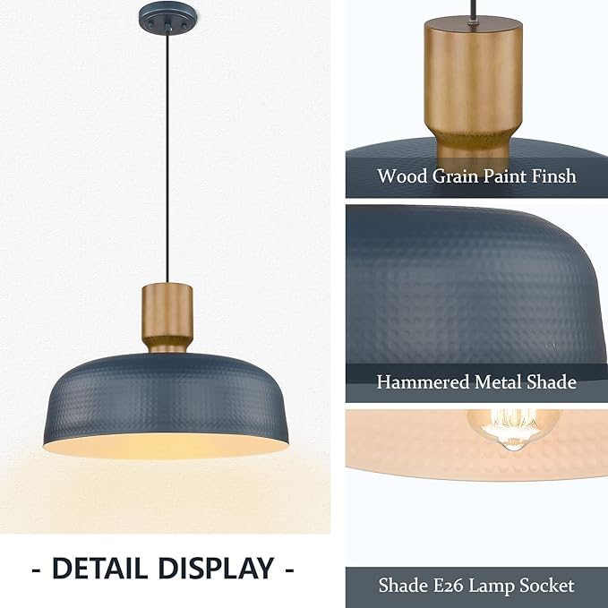 Darkaway Oversized Industrial Pendant Light Fixtures with Hammered Metal Shade, 18.1inch Blue Large Pendant Lighting for Kitchen Island Hanging Lamp Adjustable Height