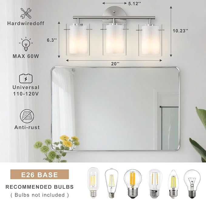 Brushed Nickel Bathroom Light Fixtures Over Mirror, 3-Light 20-Inch Vanity Lights with Dual Glass Shades, Eye-Friendly Modern Vanity Lights for Bathroom Bedroom Living Room Hallway