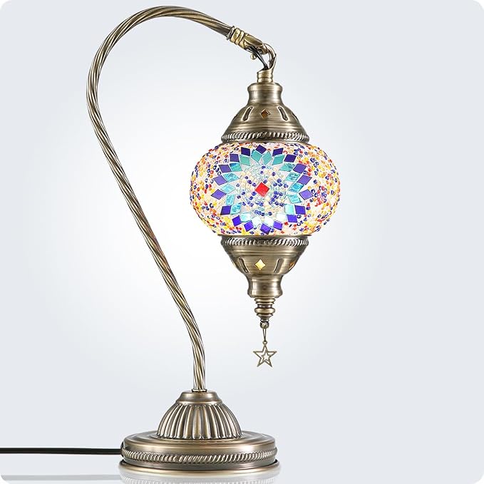 Yarra-Decor Turkish Moroccan Lamp with Bronze Base 3 Color Options Handmade Swan Neck Mosaic Glass Bedside Lamps for Bedroom (LED Bulb Included)(Blue1)
