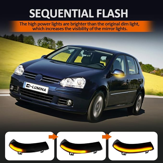 D-Lumina Sequential LED Side Mirror Turn Signal Lights Smoked Lens for VW Golf 5 EOS GTI Jetta MK5 Passat B5.5 B6 R36 Sharan Skoda Superb B5, Dynamic Indicator Mirror Marker Blinker Light, Pack of 2