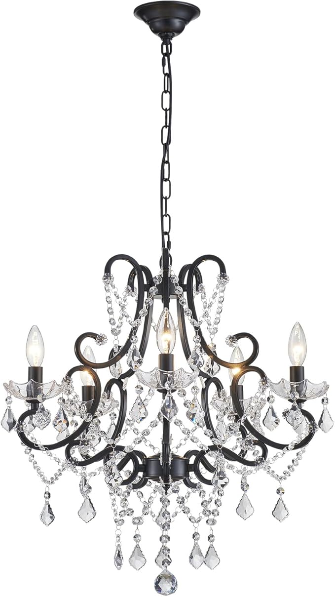 Black Crystal Chandelier, 5-Light Modern Black Chandelier for Dining Room Light Fixture, Crystal Pendant Ceiling Light Fixture, Modern Candle Chandelier for Living Room Kitchen Island Entryway Bedroom