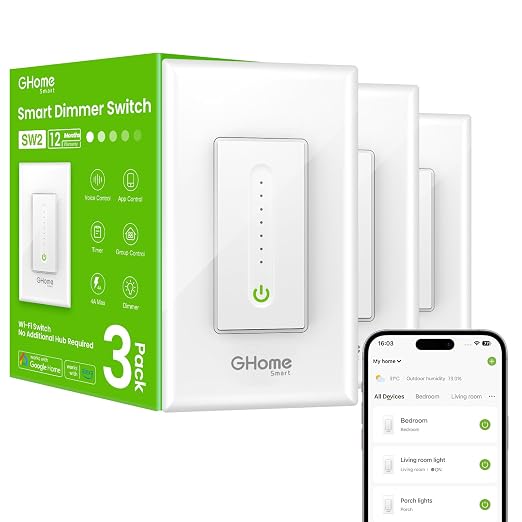 GHome Smart Dimmer Switch, Single Pole, 2.4GHz WiFi Dimmer Light Switch Works with Alexa and Google Home, Voice & APP Remote Control | Timer & Schedule | UL FCC Certified, Neutral Wire Required, 3 PCS