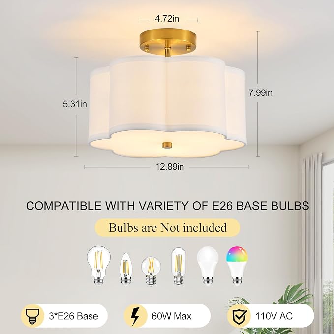12.9" Gold Semi Flush Mount Ceiling Light, Linen 3-Light Fixture | White Linen Petal Shade, Modern Gold Style For Bedroom, Hallway,Dining, Bedroom,Laundry; Close-To-Ceiling, E26, Easy Install