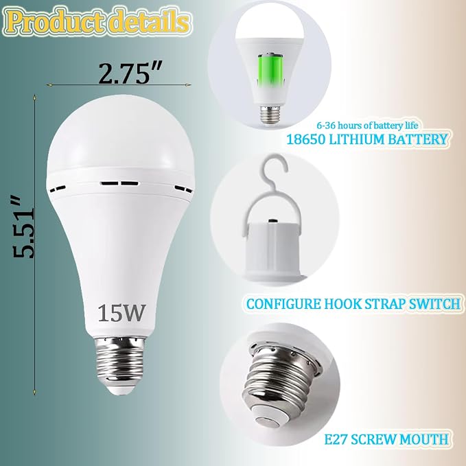 4Pack Rechargeable Emergency Light Bulbs, E26 LED Bulb 3 Mode Adjustable Brightness, Power Outage Light Bulb, Blackout Emergency Lighting for Home, Storm, Camping, Hurricane Preparedness
